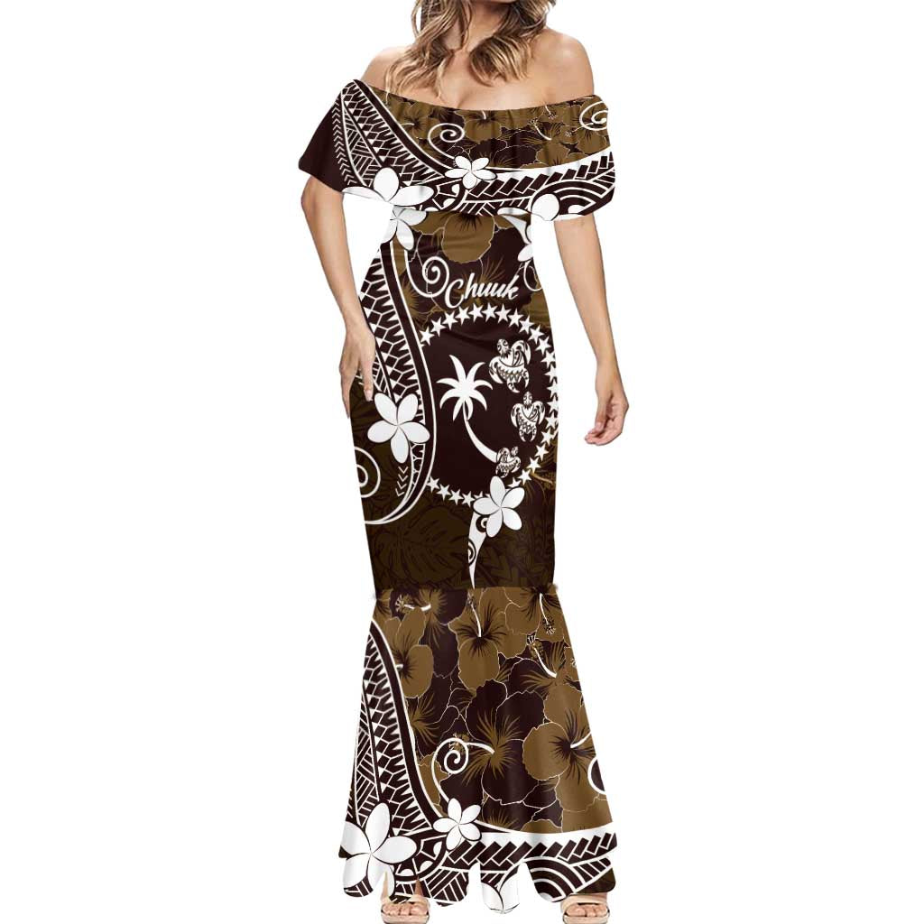 FSM Chuuk Mermaid Dress Turtle Tropical Flowers Polynesian - Brown LT14 - Polynesian Pride
