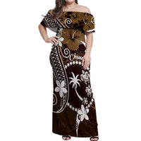 FSM Chuuk Off Shoulder Maxi Dress Turtle Tropical Flowers Polynesian - Brown LT14 Women Brown - Polynesian Pride