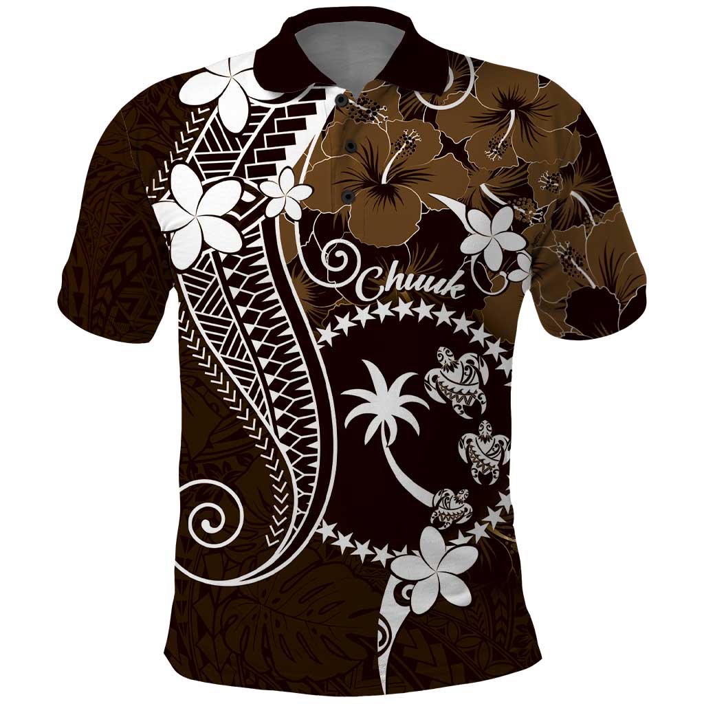 FSM Chuuk Polo Shirt Turtle Tropical Flowers Polynesian - Brown LT14 Brown - Polynesian Pride