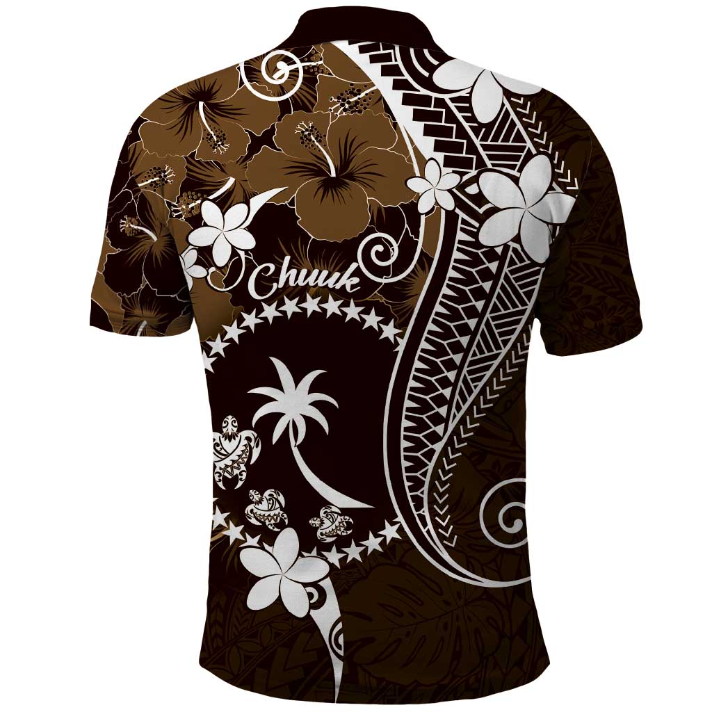 FSM Chuuk Polo Shirt Turtle Tropical Flowers Polynesian - Brown LT14 - Polynesian Pride