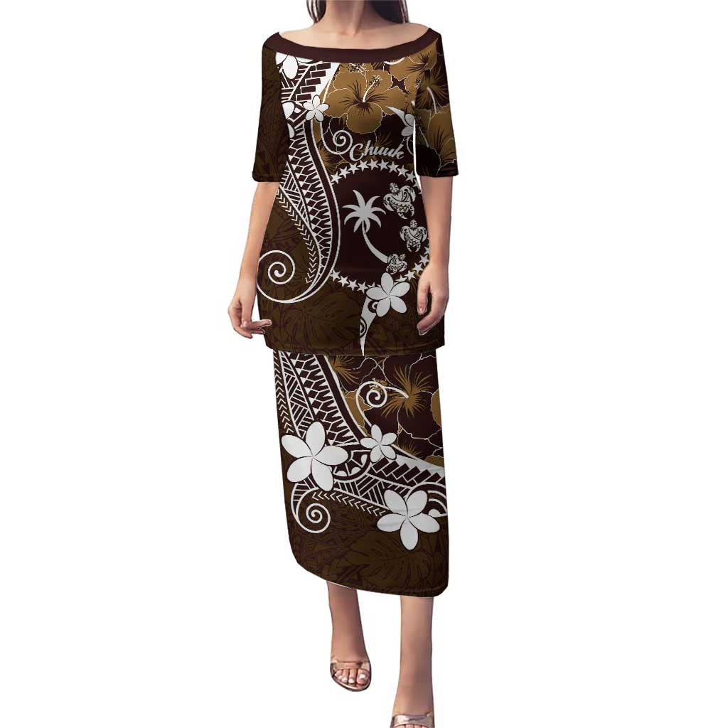 FSM Chuuk Puletasi Turtle Tropical Flowers Polynesian - Brown LT14 Long Dress Brown - Polynesian Pride