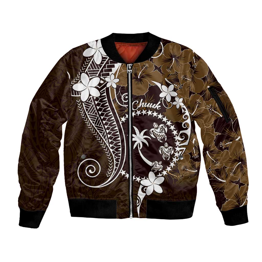 FSM Chuuk Sleeve Zip Bomber Jacket Turtle Tropical Flowers Polynesian - Brown LT14 Unisex Brown - Polynesian Pride