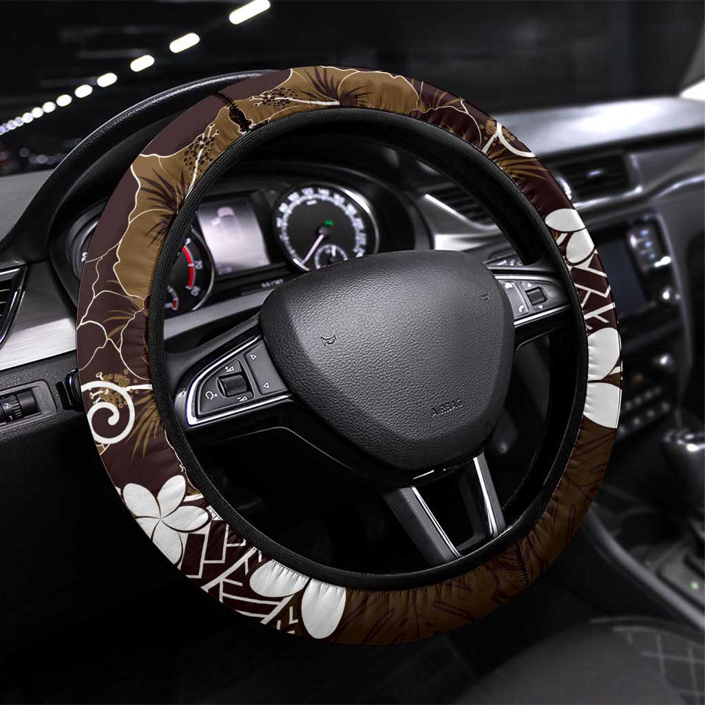 FSM Chuuk Steering Wheel Cover Turtle Tropical Flowers Polynesian - Brown LT14 Universal Fit Brown - Polynesian Pride