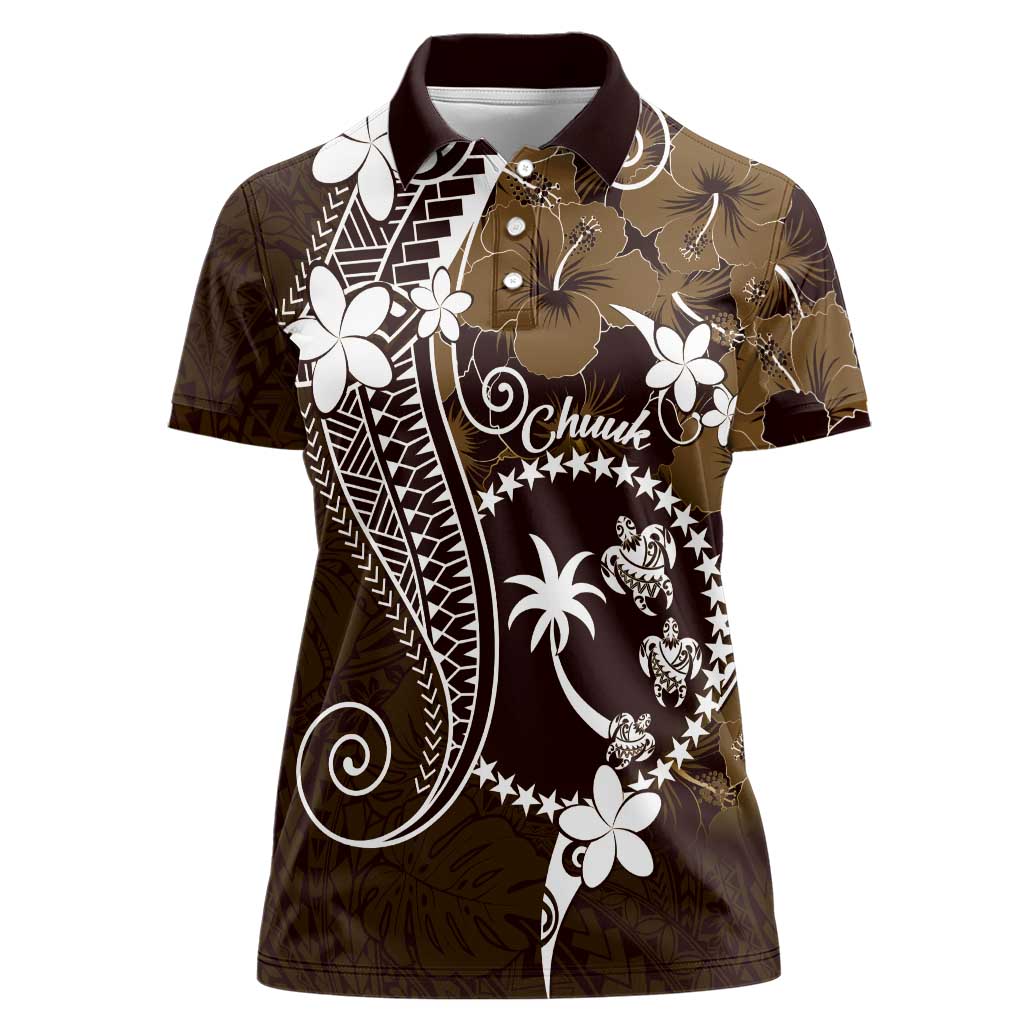 FSM Chuuk Women Polo Shirt Turtle Tropical Flowers Polynesian - Brown LT14 Female Brown - Polynesian Pride
