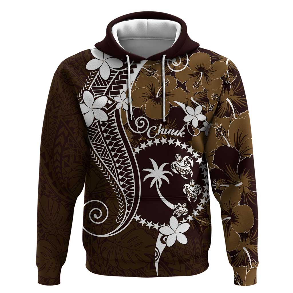 FSM Chuuk Zip Hoodie Turtle Tropical Flowers Polynesian - Brown LT14 Pullover Hoodie Brown - Polynesian Pride