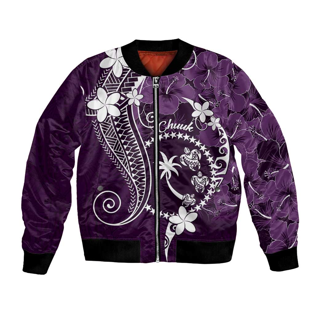 FSM Chuuk Bomber Jacket Turtle Tropical Flowers Polynesian - Purple LT14 Unisex Purple - Polynesian Pride