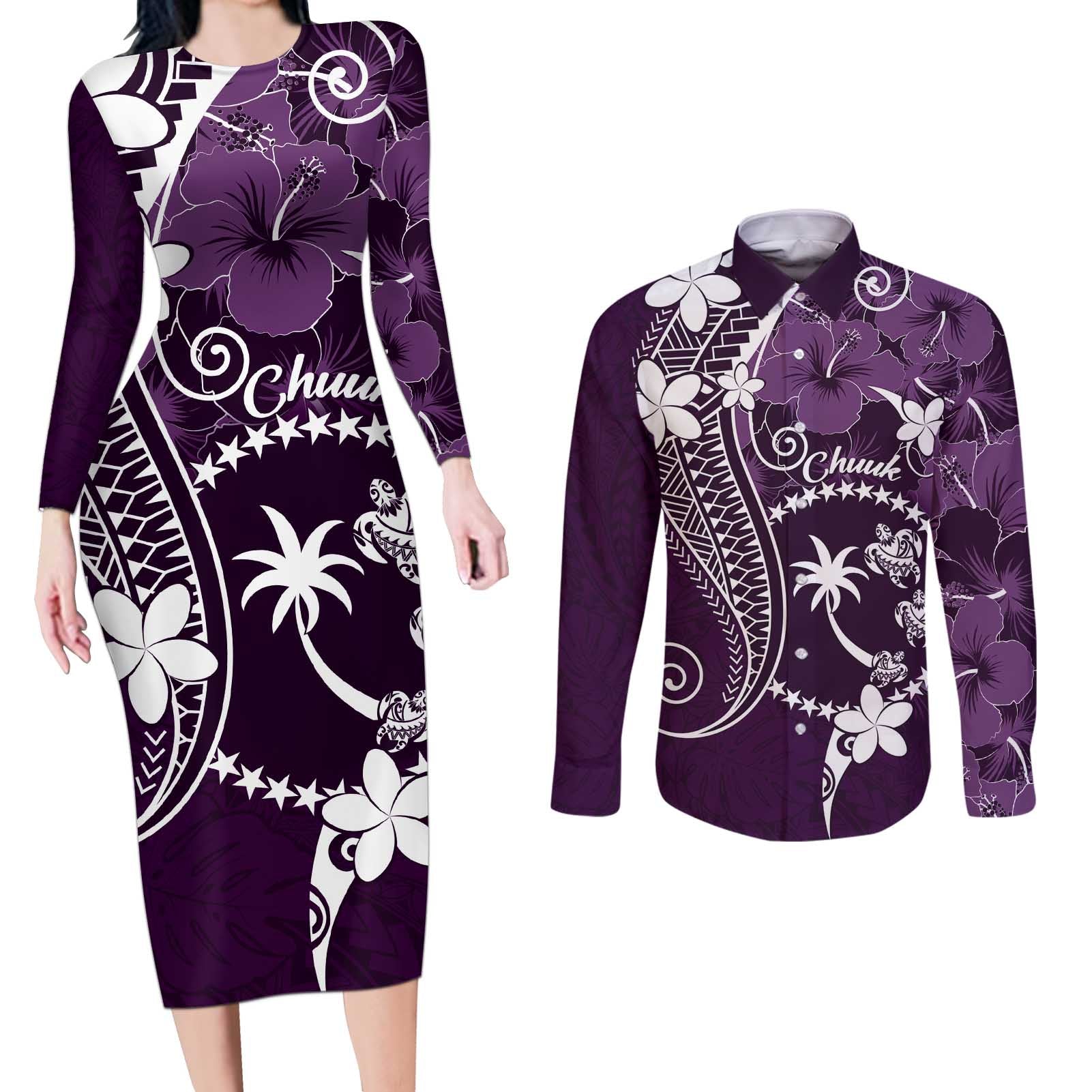 FSM Chuuk Couples Matching Long Sleeve Bodycon Dress and Long Sleeve Button Shirt Turtle Tropical Flowers Polynesian - Purple