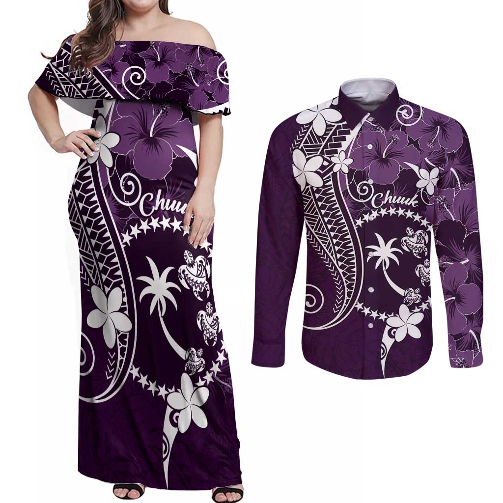 FSM Chuuk Couples Matching Off Shoulder Maxi Dress and Long Sleeve Button Shirt Turtle Tropical Flowers Polynesian - Purple