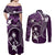 FSM Chuuk Couples Matching Off Shoulder Maxi Dress and Long Sleeve Button Shirt Turtle Tropical Flowers Polynesian - Purple