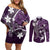 FSM Chuuk Couples Matching Off Shoulder Short Dress and Long Sleeve Button Shirt Turtle Tropical Flowers Polynesian - Purple