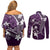 FSM Chuuk Couples Matching Off Shoulder Short Dress and Long Sleeve Button Shirt Turtle Tropical Flowers Polynesian - Purple