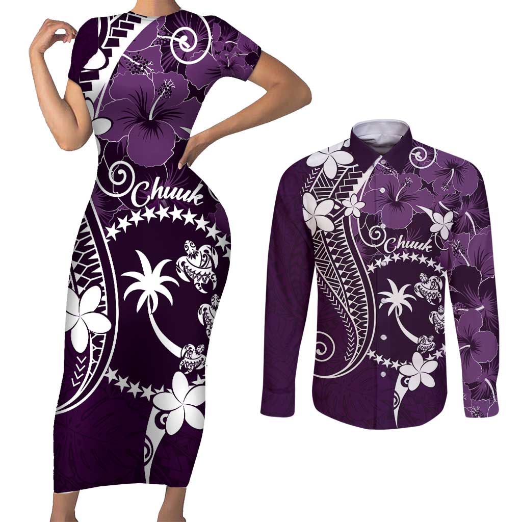 FSM Chuuk Couples Matching Short Sleeve Bodycon Dress and Long Sleeve Button Shirt Turtle Tropical Flowers Polynesian - Purple