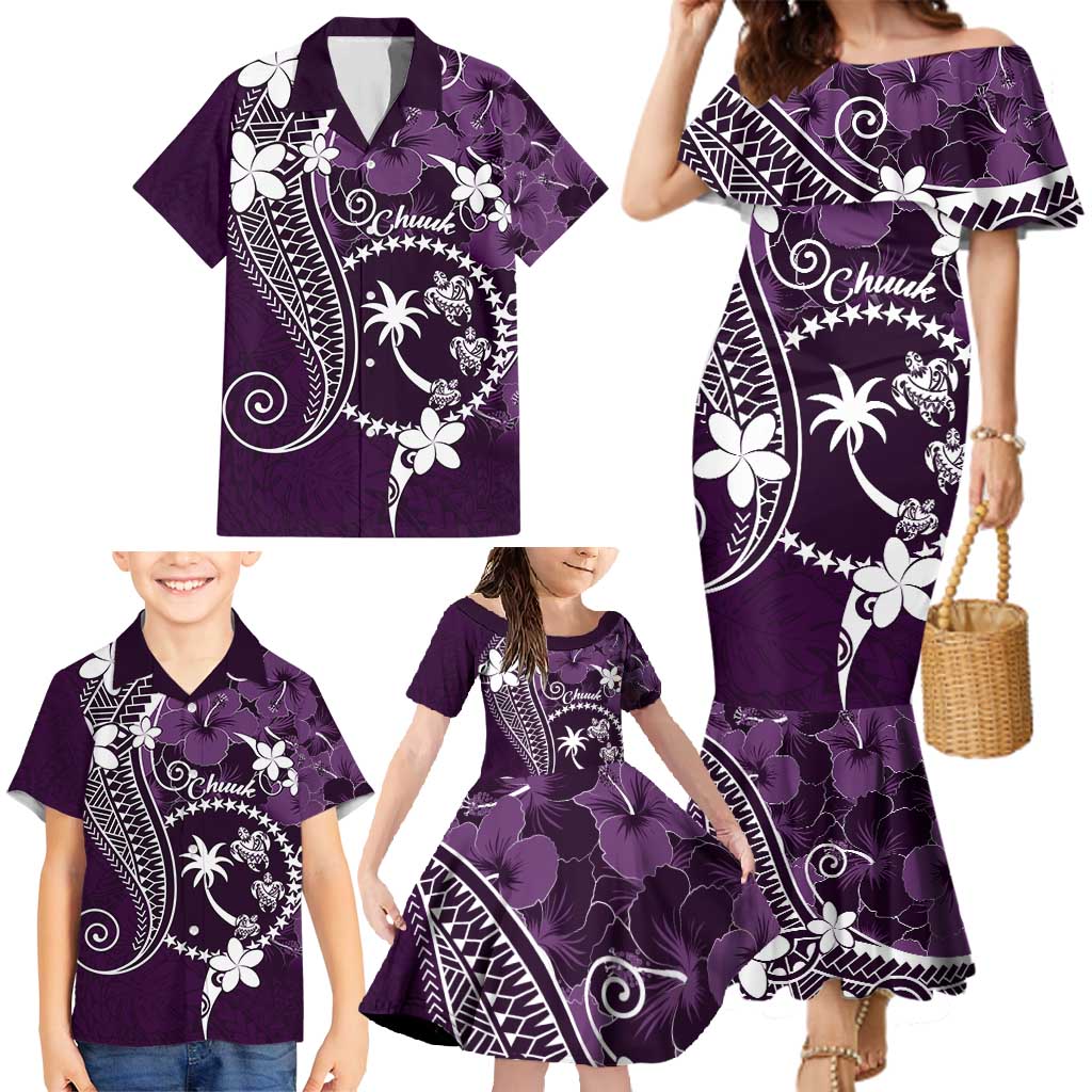 FSM Chuuk Family Matching Mermaid Dress and Hawaiian Shirt Turtle Tropical Flowers Polynesian - Purple