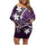 FSM Chuuk Family Matching Off Shoulder Short Dress and Hawaiian Shirt Turtle Tropical Flowers Polynesian - Purple