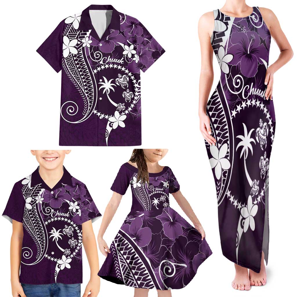 FSM Chuuk Family Matching Tank Maxi Dress and Hawaiian Shirt Turtle Tropical Flowers Polynesian - Purple