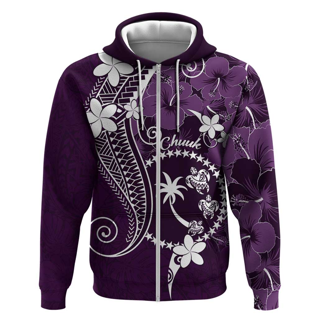 FSM Chuuk Hoodie Turtle Tropical Flowers Polynesian - Purple LT14 Zip Hoodie Purple - Polynesian Pride