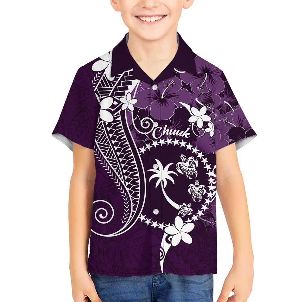 FSM Chuuk Kid Hawaiian Shirt Turtle Tropical Flowers Polynesian - Purple LT14 Kid Purple - Polynesian Pride