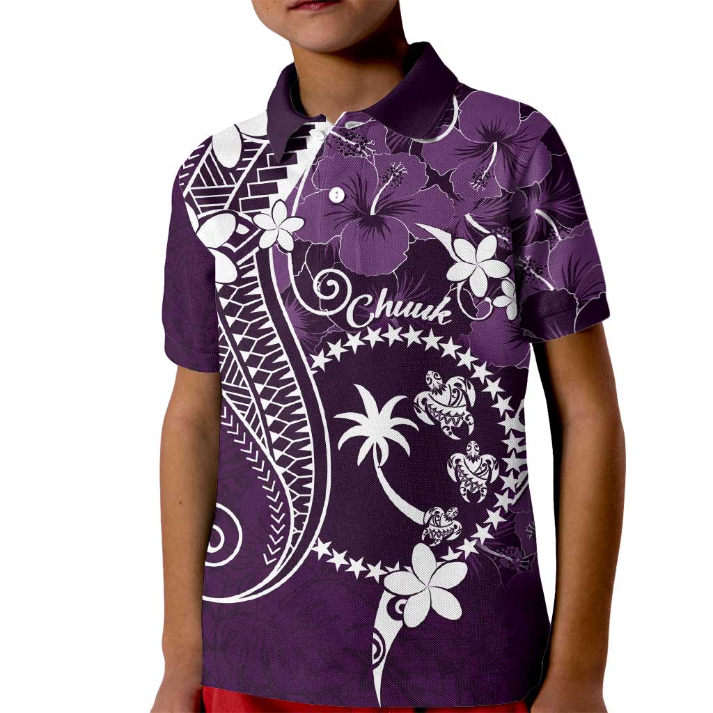 FSM Chuuk Kid Polo Shirt Turtle Tropical Flowers Polynesian - Purple LT14 Kid Purple - Polynesian Pride
