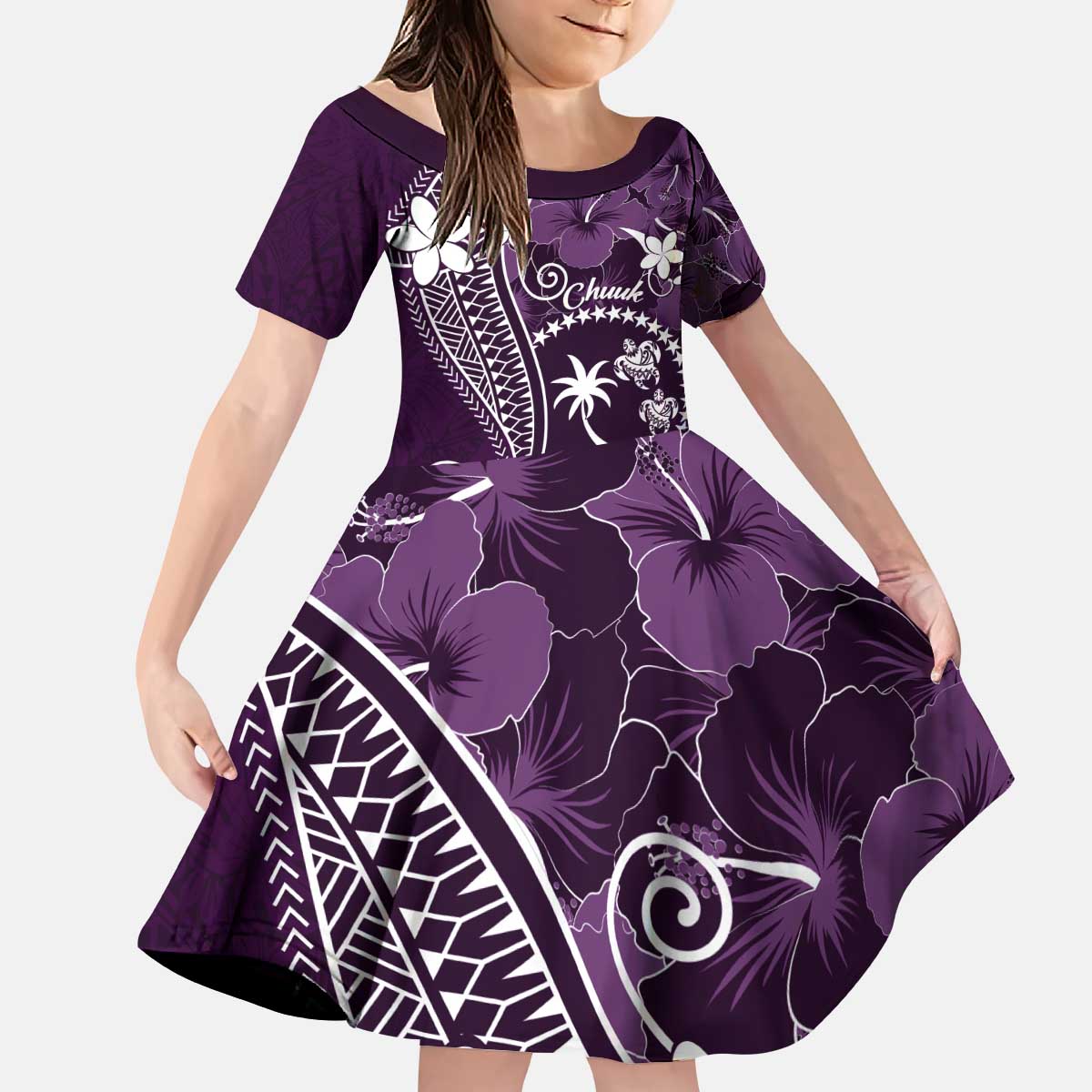 FSM Chuuk Kid Short Sleeve Dress Turtle Tropical Flowers Polynesian - Purple LT14 KID Purple - Polynesian Pride