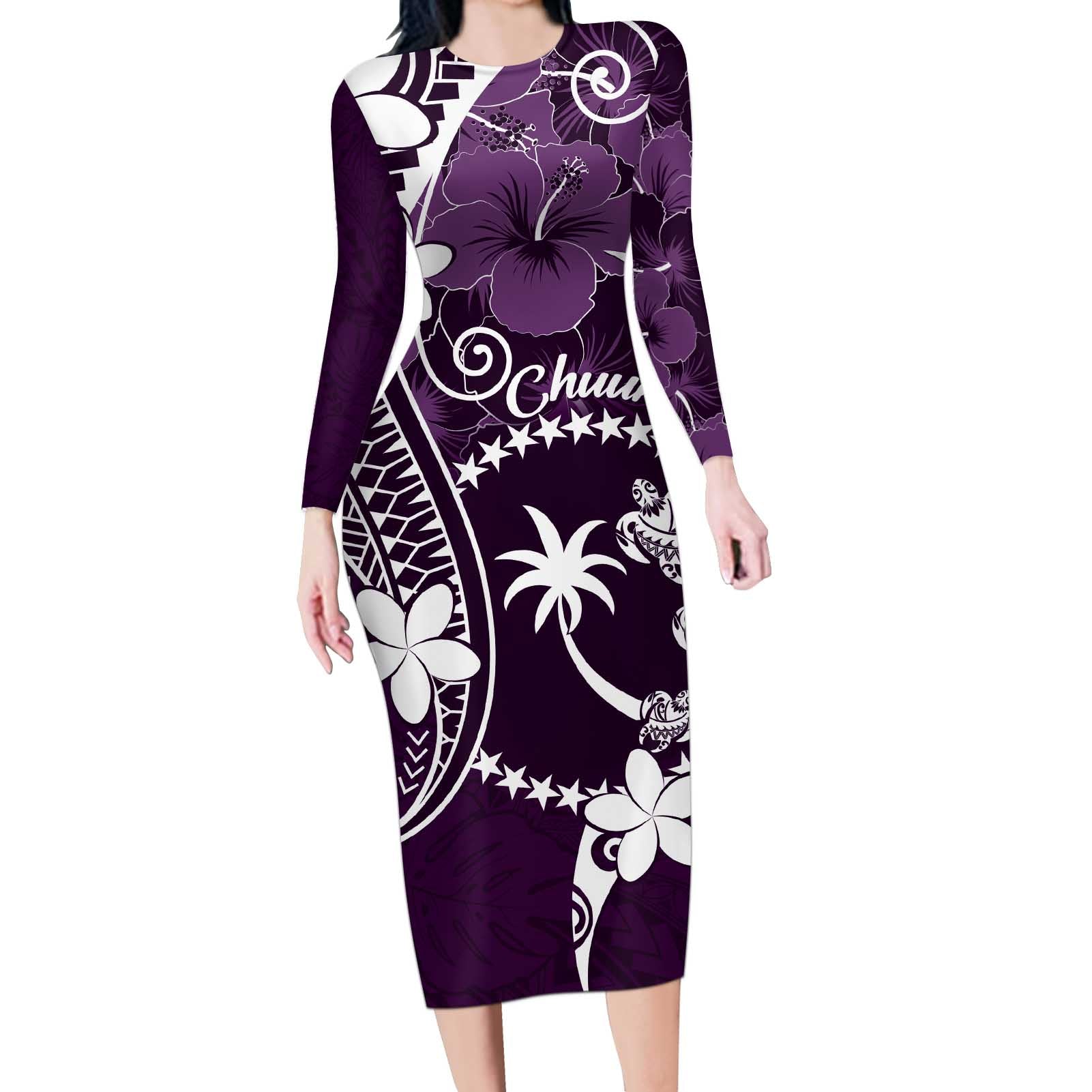 FSM Chuuk Long Sleeve Bodycon Dress Turtle Tropical Flowers Polynesian - Purple