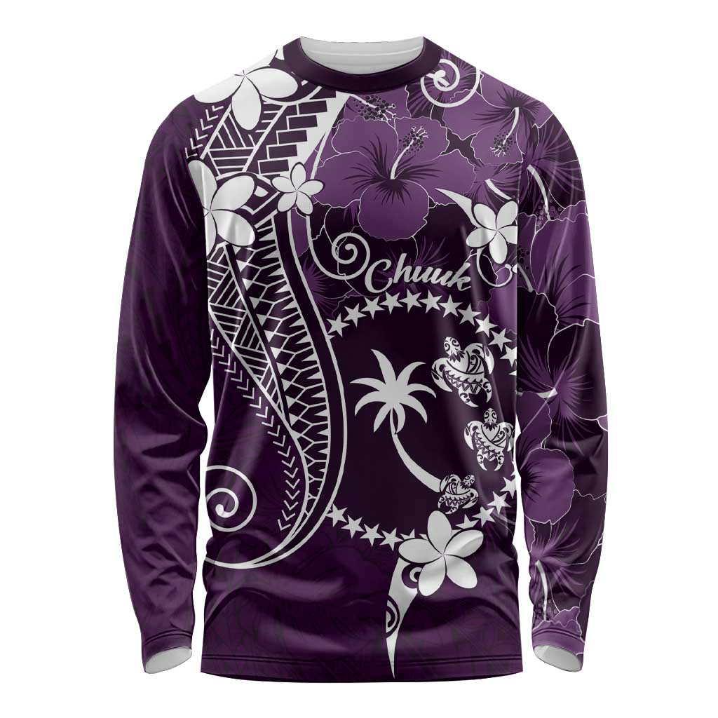 FSM Chuuk Long Sleeve Shirt Turtle Tropical Flowers Polynesian - Purple