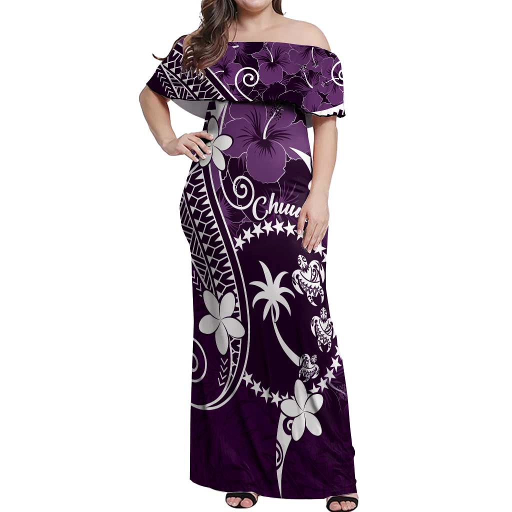 FSM Chuuk Off Shoulder Maxi Dress Turtle Tropical Flowers Polynesian - Purple LT14 Women Purple - Polynesian Pride