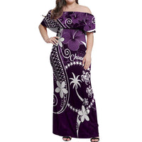 FSM Chuuk Off Shoulder Maxi Dress Turtle Tropical Flowers Polynesian - Purple LT14 Women Purple - Polynesian Pride