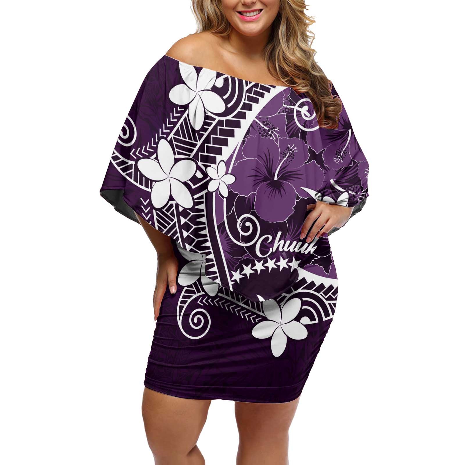 FSM Chuuk Off Shoulder Short Dress Turtle Tropical Flowers Polynesian - Purple LT14 Women Purple - Polynesian Pride