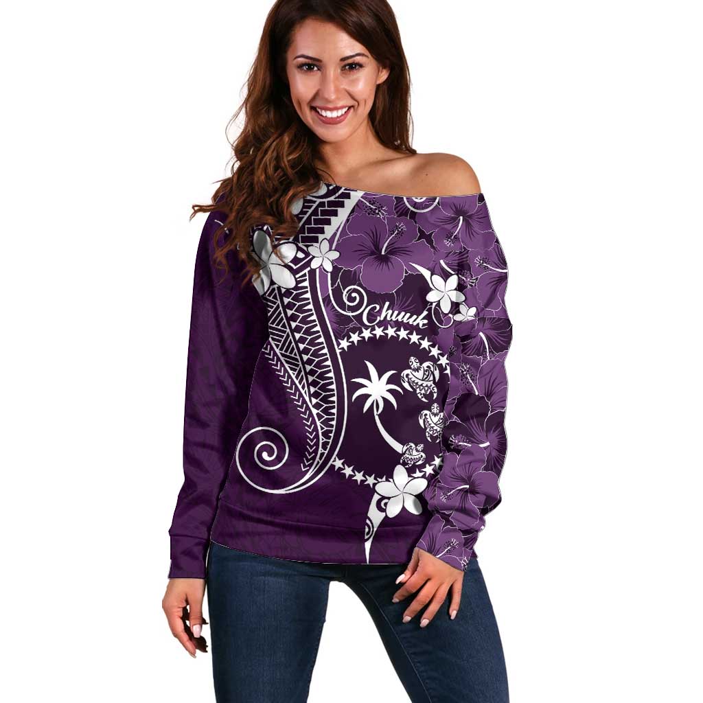 FSM Chuuk Off Shoulder Sweater Turtle Tropical Flowers Polynesian - Purple LT14 Women Purple - Polynesian Pride