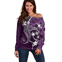 FSM Chuuk Off Shoulder Sweater Turtle Tropical Flowers Polynesian - Purple LT14 Women Purple - Polynesian Pride