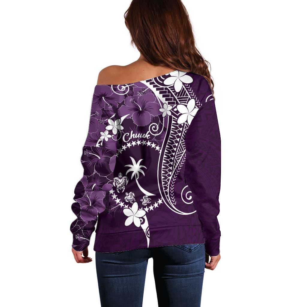 FSM Chuuk Off Shoulder Sweater Turtle Tropical Flowers Polynesian - Purple LT14 - Polynesian Pride