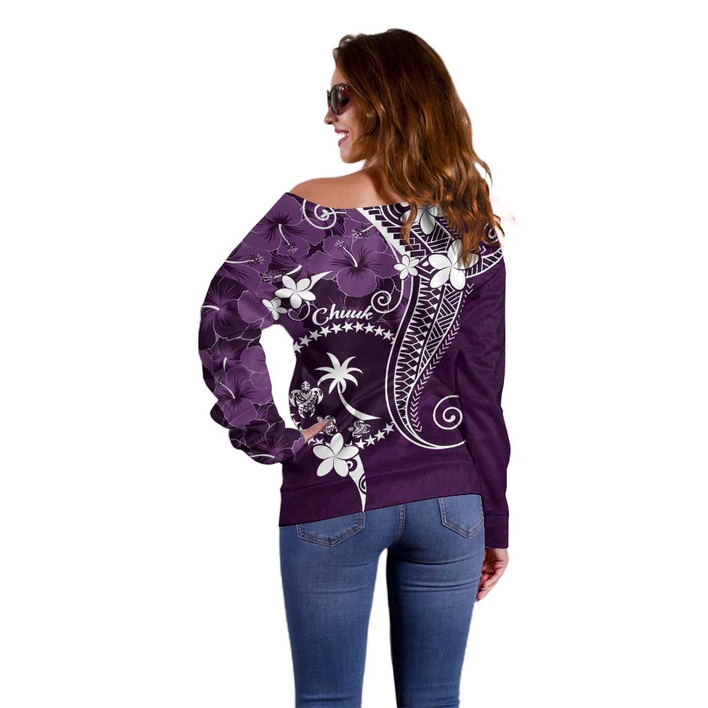 FSM Chuuk Off Shoulder Sweater Turtle Tropical Flowers Polynesian - Purple LT14 - Polynesian Pride