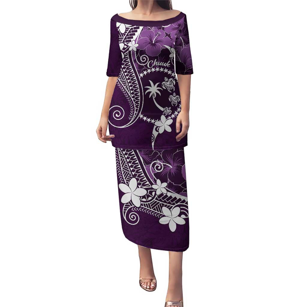 FSM Chuuk Puletasi Turtle Tropical Flowers Polynesian - Purple LT14 Long Dress Purple - Polynesian Pride
