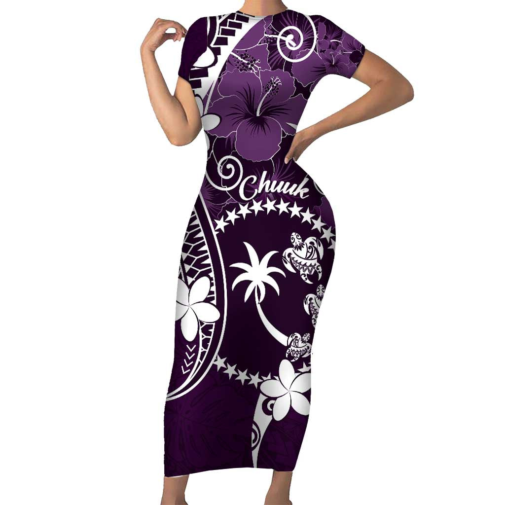 FSM Chuuk Short Sleeve Bodycon Dress Turtle Tropical Flowers Polynesian - Purple