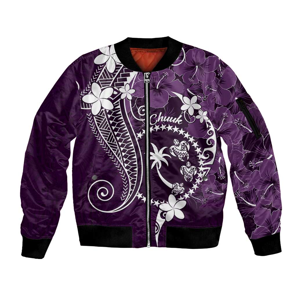FSM Chuuk Sleeve Zip Bomber Jacket Turtle Tropical Flowers Polynesian - Purple LT14 Unisex Purple - Polynesian Pride