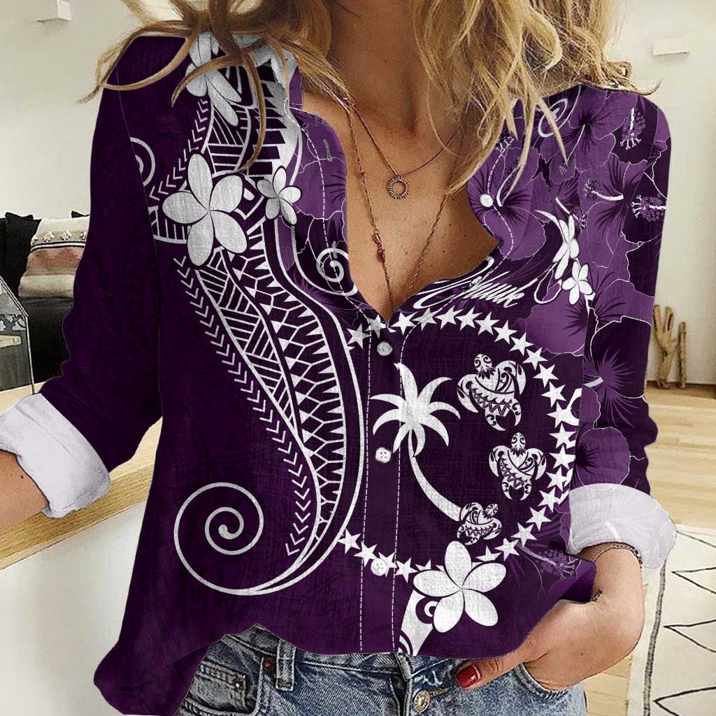 FSM Chuuk Women Casual Shirt Turtle Tropical Flowers Polynesian - Purple