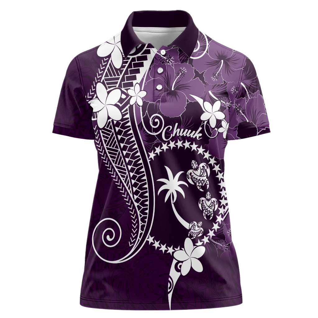 FSM Chuuk Women Polo Shirt Turtle Tropical Flowers Polynesian - Purple LT14 Female Purple - Polynesian Pride