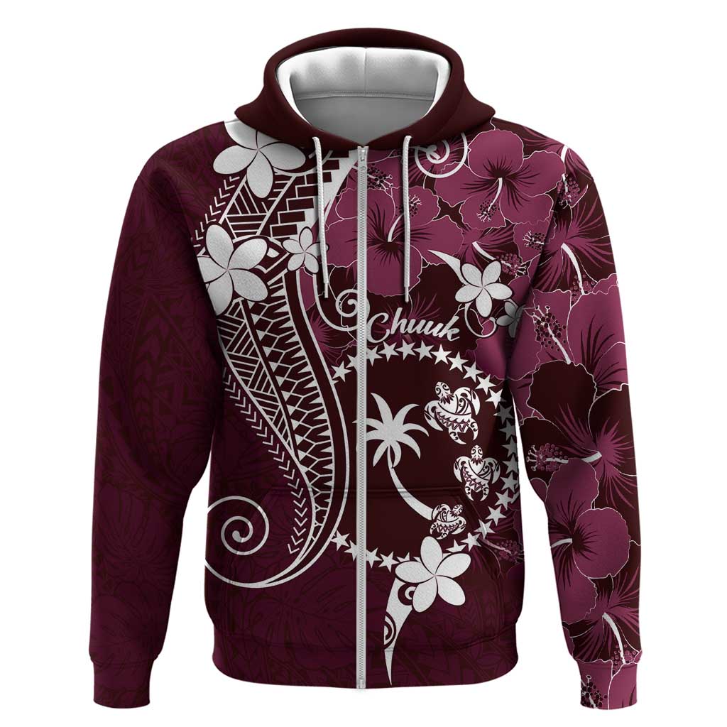 FSM Chuuk Hoodie Turtle Tropical Flowers Polynesian - Pink LT14 Zip Hoodie Pink - Polynesian Pride