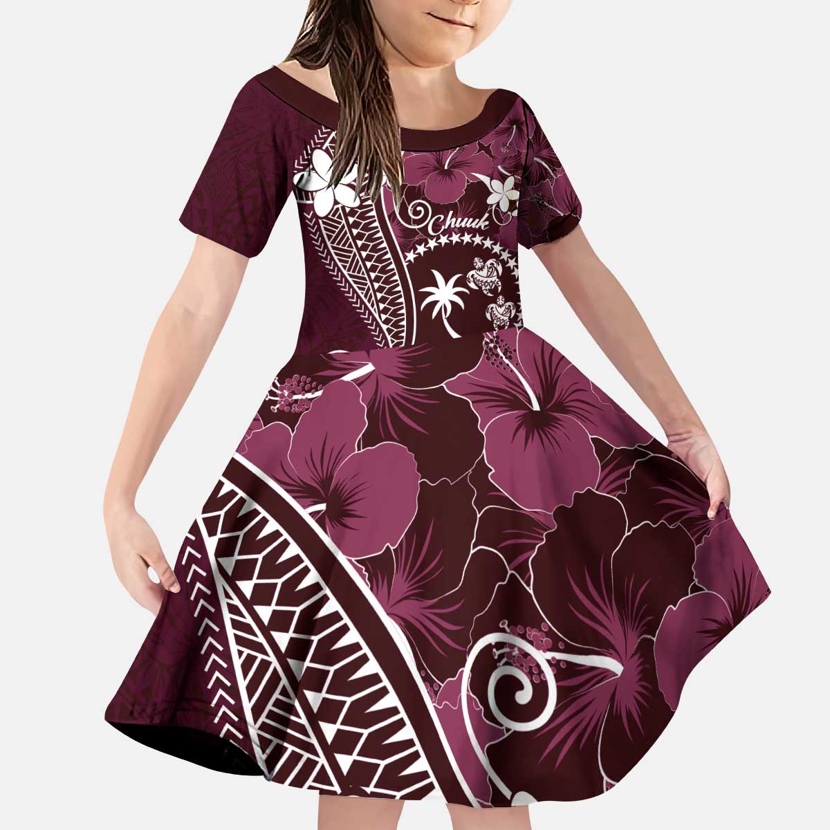 FSM Chuuk Kid Short Sleeve Dress Turtle Tropical Flowers Polynesian - Pink LT14 KID Pink - Polynesian Pride