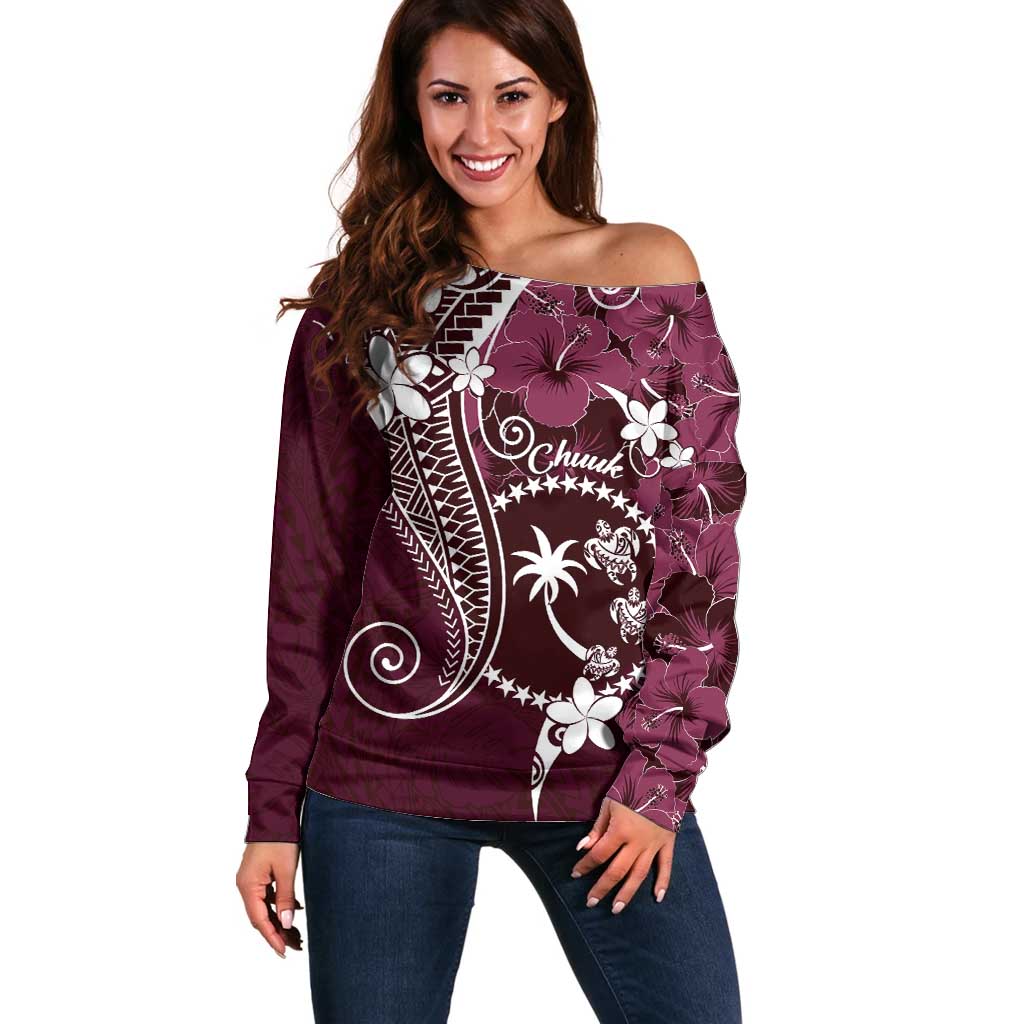 FSM Chuuk Off Shoulder Sweater Turtle Tropical Flowers Polynesian - Pink LT14 Women Pink - Polynesian Pride