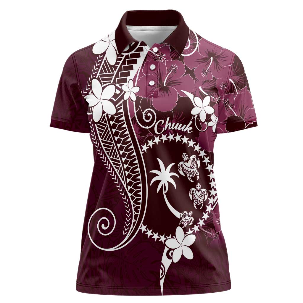 FSM Chuuk Women Polo Shirt Turtle Tropical Flowers Polynesian - Pink LT14 Female Pink - Polynesian Pride