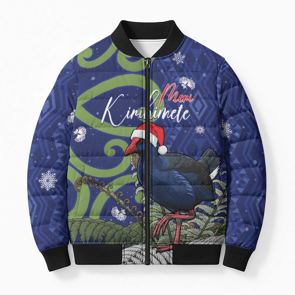 Personalized New Zealand Pukeko Christmas Bomber Puffer Jacket Meri Kirihimete Taniko Ponga Koru Blue LT14 Unisex Blue - Polynesian Pride
