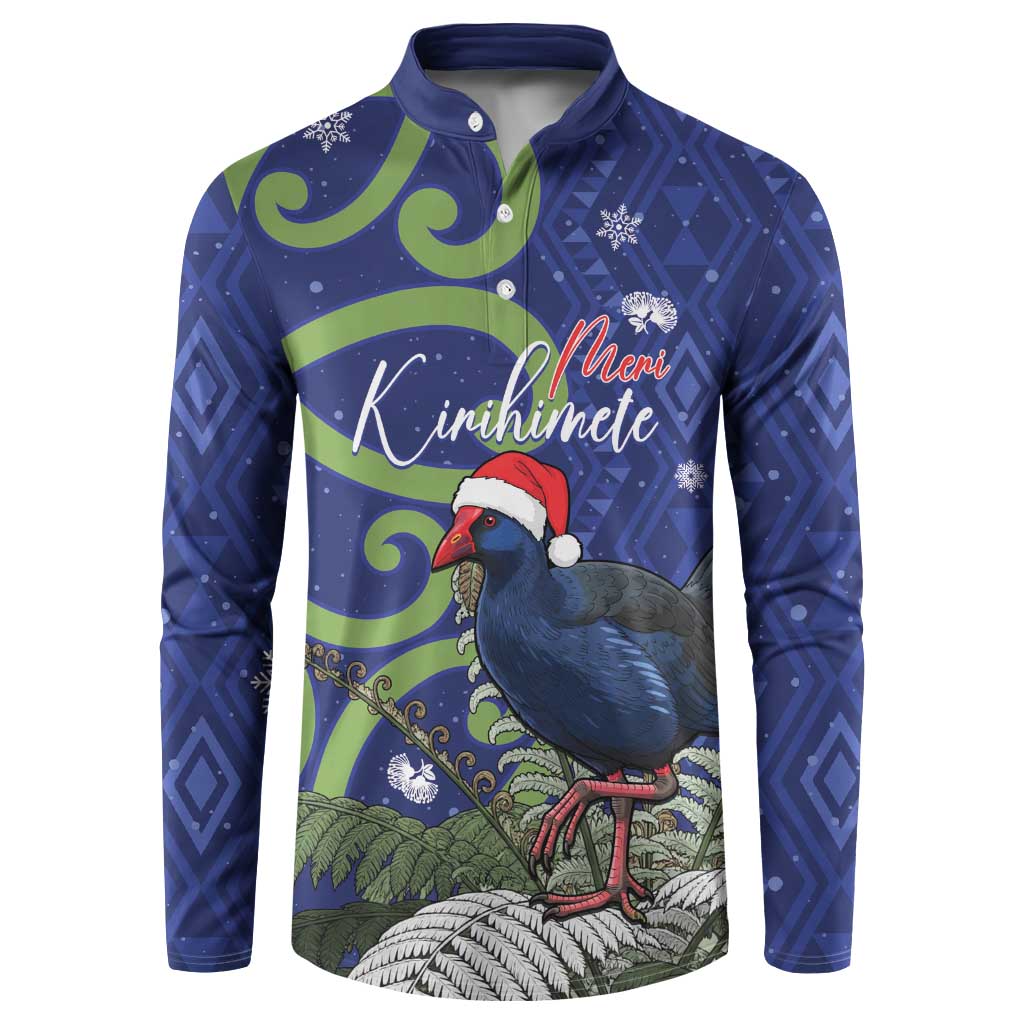 Personalized New Zealand Pukeko Christmas Button Sweatshirt Meri Kirihimete Taniko Ponga Koru Blue LT14 Blue - Polynesian Pride