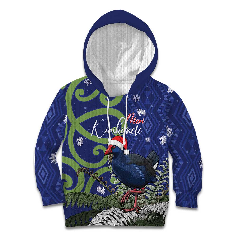 Personalized New Zealand Pukeko Christmas Kid Hoodie Meri Kirihimete Taniko Ponga Koru Blue LT14 Hoodie Blue - Polynesian Pride