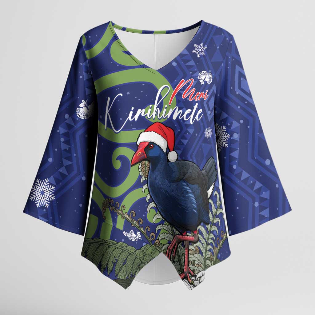 Personalized New Zealand Pukeko Christmas Kimono Sleeve Blouse Meri Kirihimete Taniko Ponga Koru Blue LT14 Female Blue - Polynesian Pride