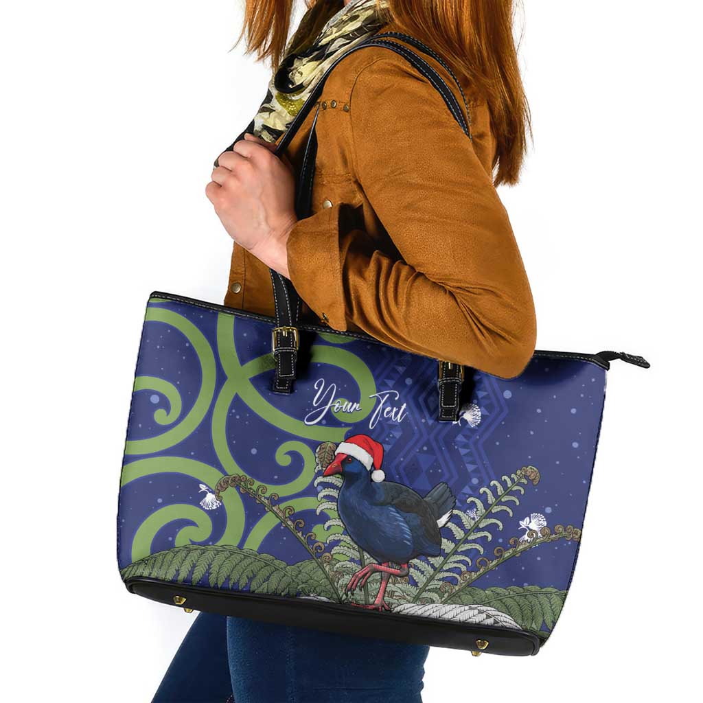 Personalized New Zealand Pukeko Christmas Leather Tote Bag Meri Kirihimete Taniko Ponga Koru Blue LT14 Blue - Polynesian Pride