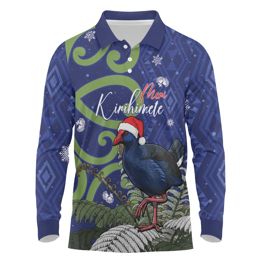Personalized New Zealand Pukeko Christmas Long Sleeve Polo Shirt Meri Kirihimete Taniko Ponga Koru Blue LT14 Blue - Polynesian Pride