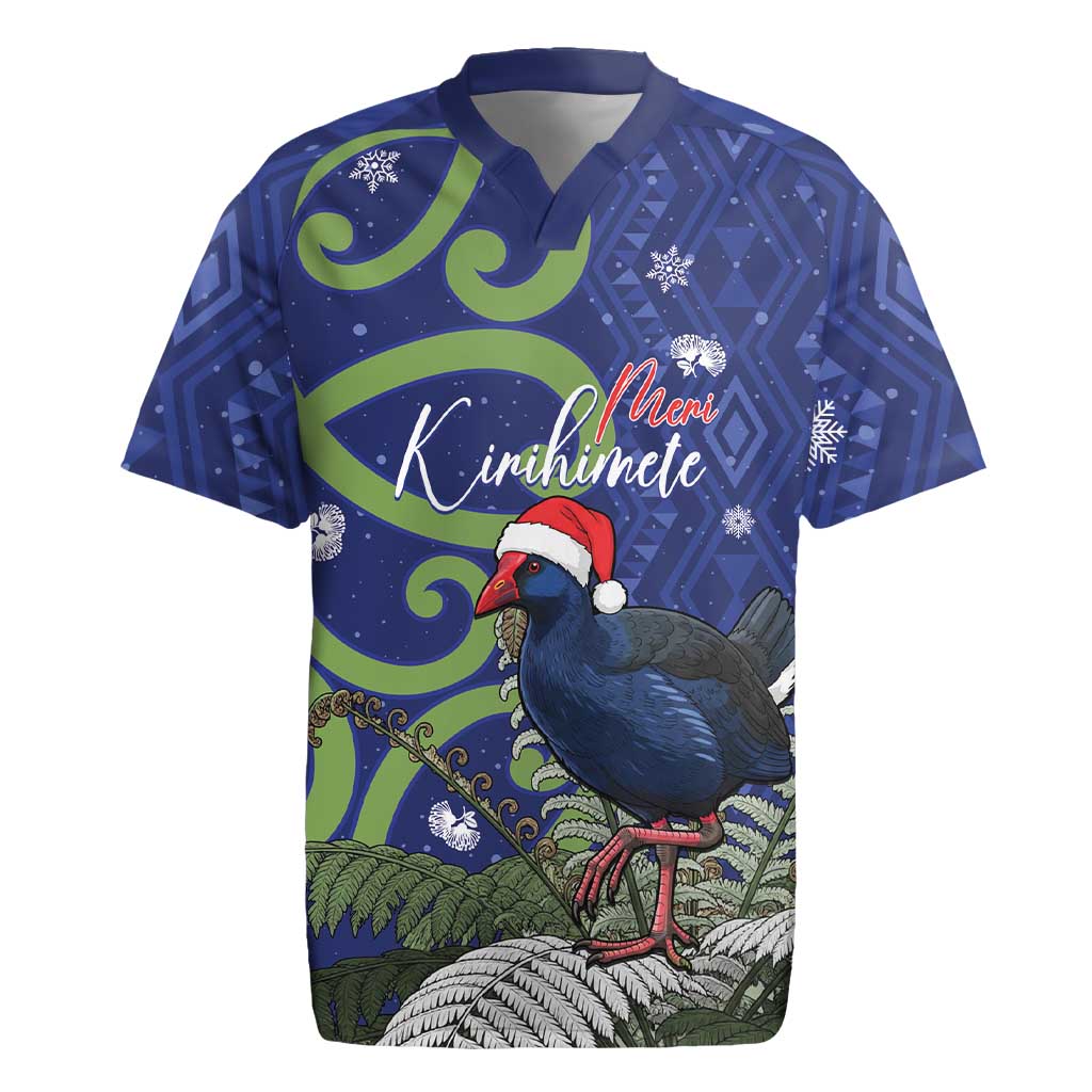 Personalized New Zealand Pukeko Christmas Rugby Jersey Meri Kirihimete Taniko Ponga Koru Blue LT14 Blue - Polynesian Pride