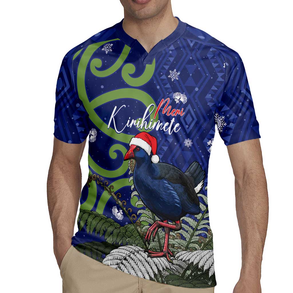 Personalized New Zealand Pukeko Christmas Rugby Jersey Meri Kirihimete Taniko Ponga Koru Blue LT14 - Polynesian Pride