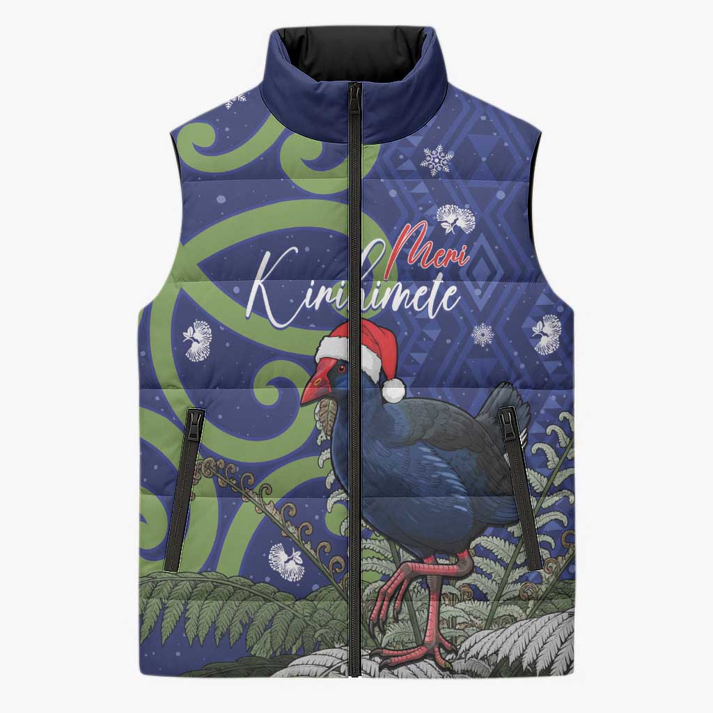 Personalized New Zealand Pukeko Christmas Sleeveless Puffer Jacket Meri Kirihimete Taniko Ponga Koru Blue LT14 Unisex Blue - Polynesian Pride
